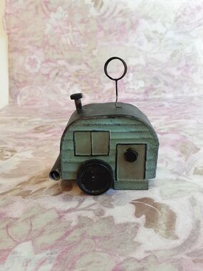 Vtg Folk Art Vibe Travel Trailer Canned Ham Christmas Ornament, Metal, Unusual